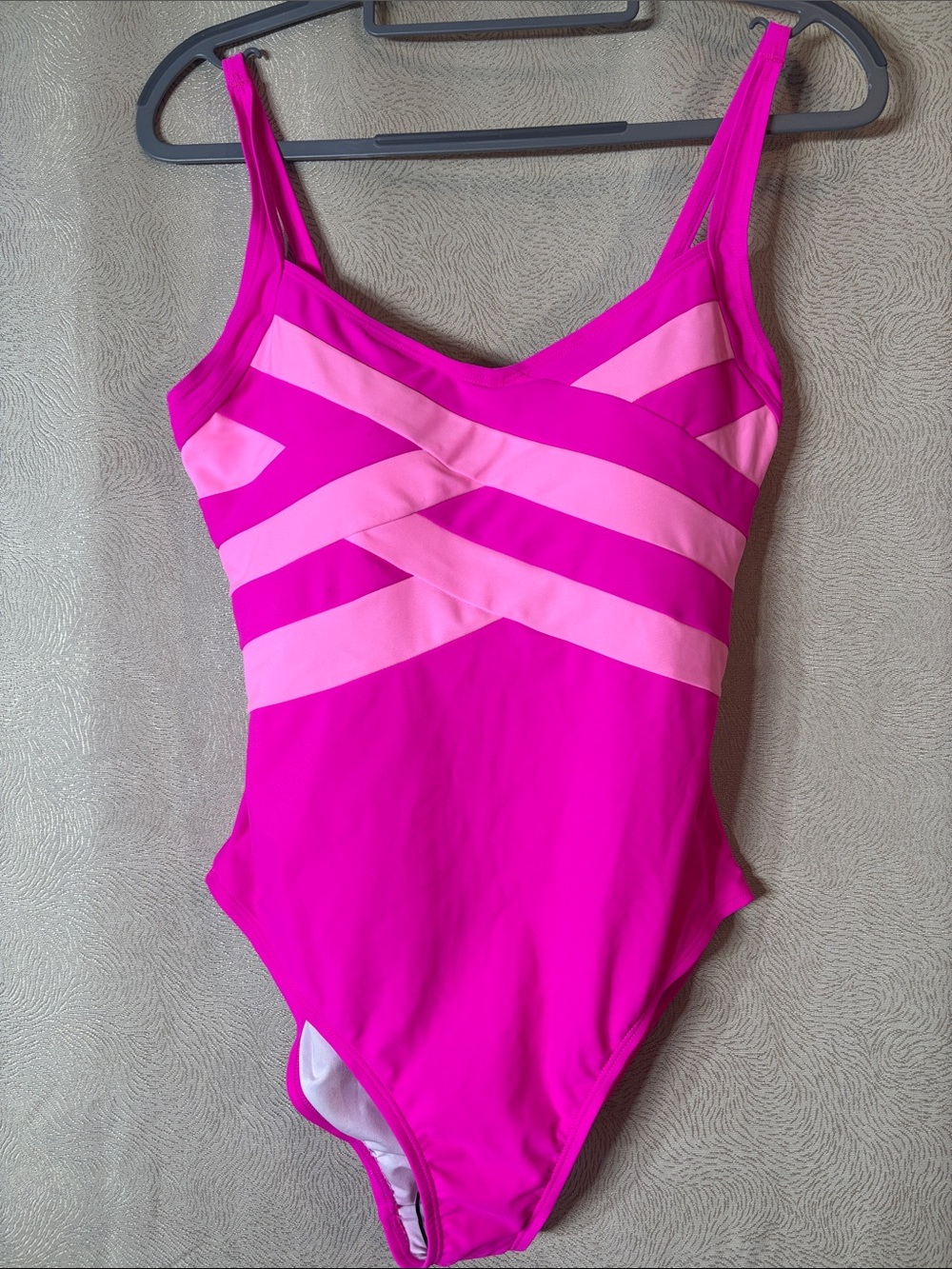 Aidonger Hot Pink One-Piece Swimsuit with Light Pink Stripes 0294